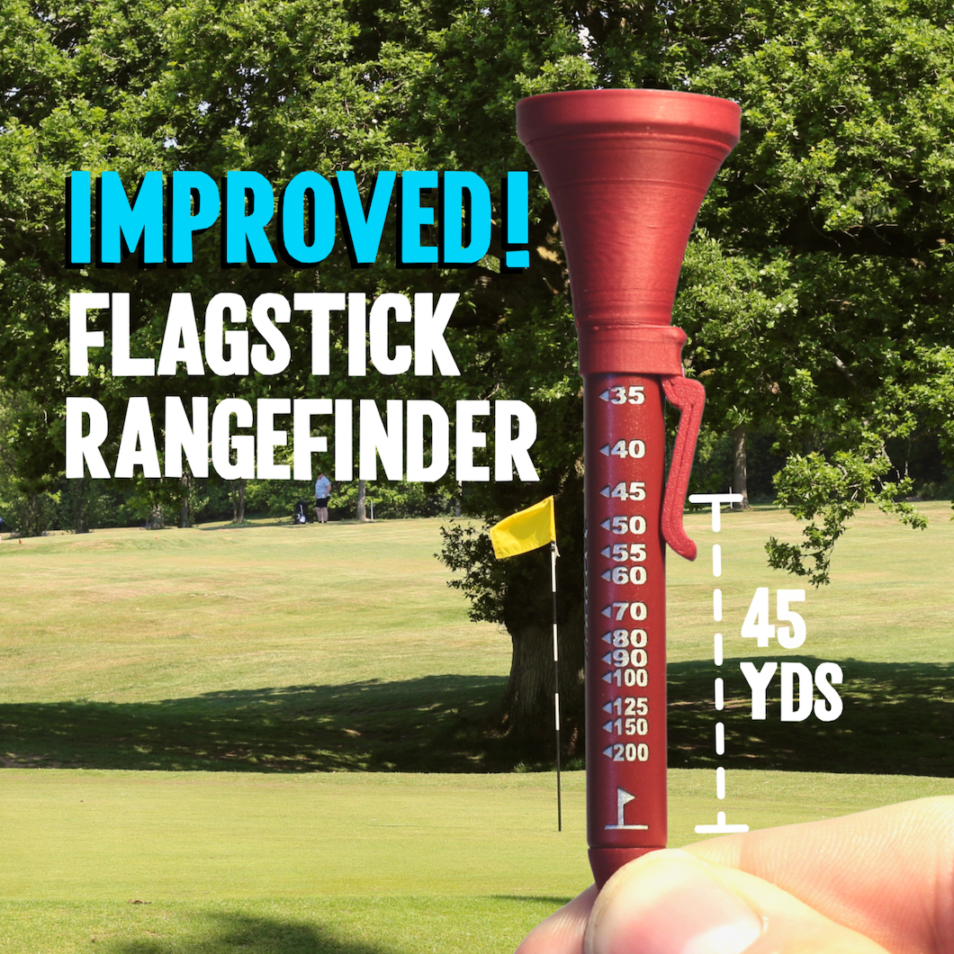 Red flagstick rangefinder with measurement scale on a golf course